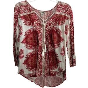 LUCKY BRAND Boho Paisley Casual 3/4 Sleeves Tie Neckline Top ~ Women's LARGE